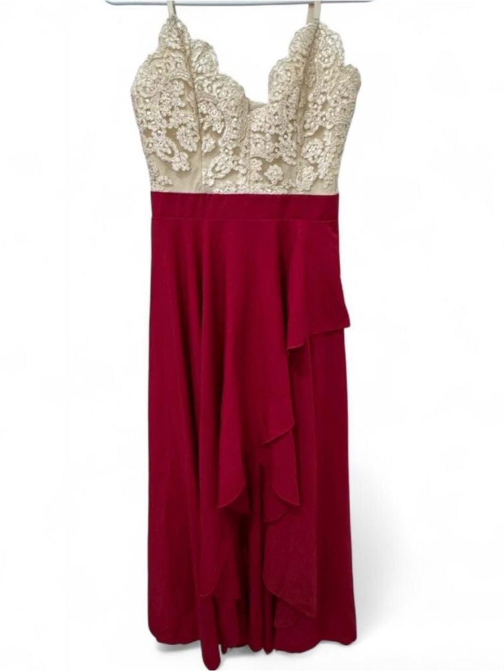 ME Makeover Essentials Cream Lace Bodice & Wine Red Ruffle Maxi Dress